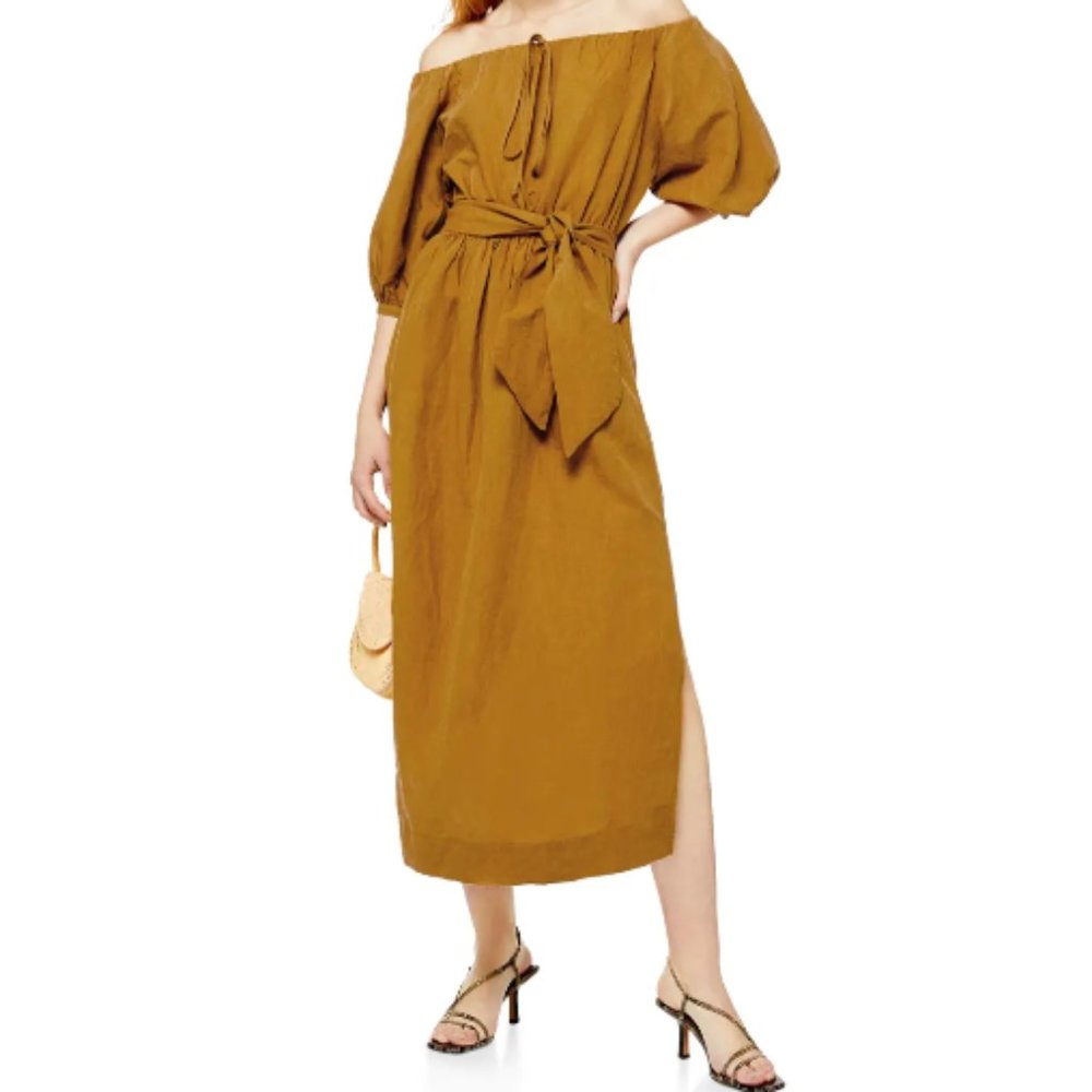 Off the Shoulder Linen Blend Midi Dress TOPSHOP